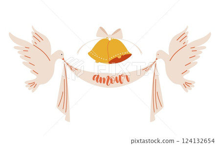 Wedding illustration. Two doves are holding a congratulatory ribbon. 124132654