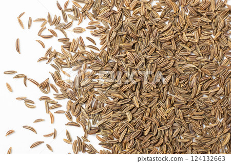 Dried Cumin Seeds Close-Up Culinary Ingredient on White Top View 124132663