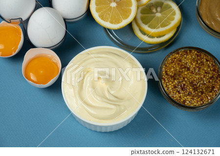 Classic White Mayonnaise Popular Condiment Top View Classic White Mayonnaise Popular Condiment Top View 124132671