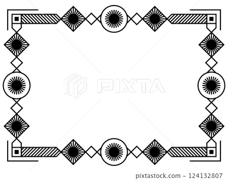 Geometric frame of black lines on white background. Linear border. Line art geometric frame design with space for text, invitations, flyers and greeting cards. Vector illustration Geometric frame of black lines on white background. Linear border. Line art geometric frame design with space for text, invitations, flyers and greeting cards. Vector illustration 124132807