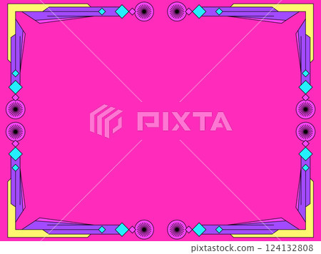 Frame of lines and colorful geometric shapes. Linear border with Elements of the Bauhaus style. Geometric frame design with space for text, invitations, flyers and greeting cards. Vector illustration 124132808