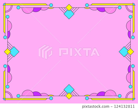 Frame of lines and colorful geometric shapes. Linear border with Elements of the Bauhaus style. Geometric frame design with space for text, invitations, flyers and greeting cards. Vector illustration 124132811