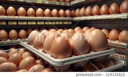 A photograph of a stocked supermarket shelf filled with rows of chicken eggs in cardboard boxes A photograph of a stocked supermarket shelf filled with rows of chicken eggs in cardboard boxes 124132822