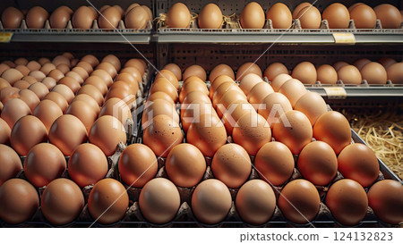 A photograph of a stocked supermarket shelf filled with rows of chicken eggs in cardboard boxes A photograph of a stocked supermarket shelf filled with rows of chicken eggs in cardboard boxes 124132823