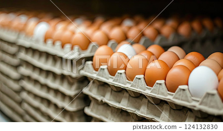 A photograph of a stocked supermarket shelf filled with rows of chicken eggs in cardboard boxes A photograph of a stocked supermarket shelf filled with rows of chicken eggs in cardboard boxes 124132830