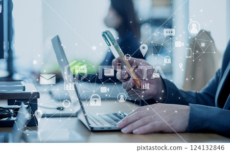 Business scene, close-up of a man's hand tapping on a smartphone screen, image of searching data on a smartphone, cloud, 124132846