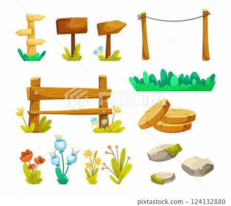 Wooden Signs and Growing Plant with Stone Vector Set Wooden Signs and Growing Plant with Stone Vector Set 124132880