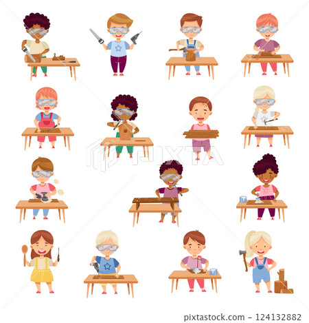 Little Boy and Girl Character Wood Working Vector Set Little Boy and Girl Character Wood Working Vector Set 124132882