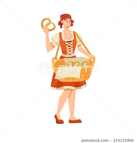 Woman Character with Pretzel at Beer Festival Vector Illustration 124132906
