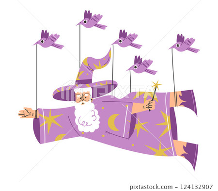Wizard Man Character in Purple Gown and Hat Fly with Bird Vector Illustration 124132907