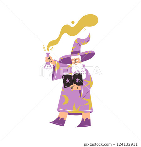 Wizard Man Character in Purple Gown and Hat with Book and Flask Vector Illustration 124132911