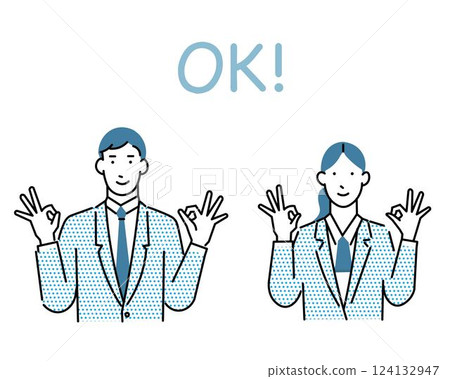 Male and female avatar business people - women and men making OK sign - students - simple vector material 124132947