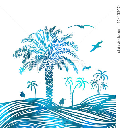 Graphic palm tree with seagulls. hand drawn. Not AI, Vector illustration 124133074