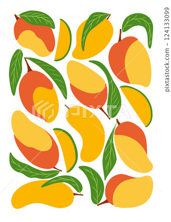 Vegan poster with whole and sliced mangoes 124133099