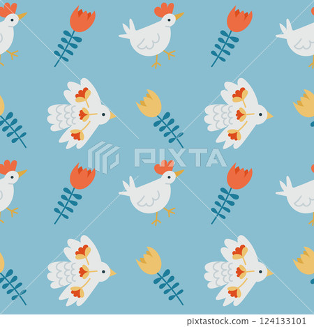 Seamless pattern with stylized chickens, birds, Seamless pattern with stylized chickens, birds, 124133101