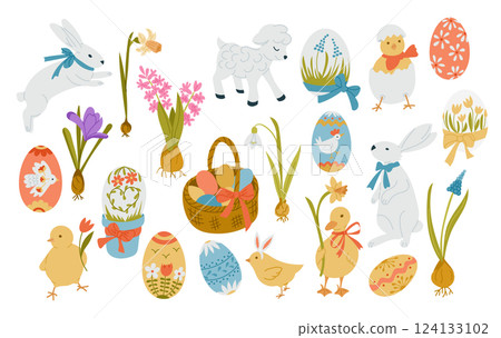 Easter set with rabbits, chicks, decorated eggs, 124133102