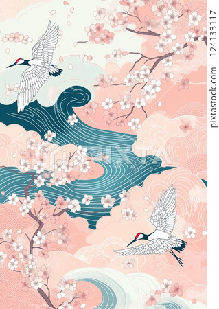 Japanese-style illustration with cherry blossoms 124133117