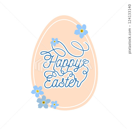 Happy Easter banner, poster, greeting card. Trendy Easter design with typography, flowers, eggs, in pastel colors. Modern minimal style. hand drawn. Not AI, Vector illustration 124133140