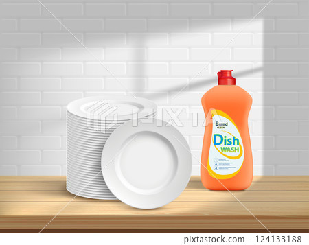 Clean plates and bottle of dishwashing detergent 124133188