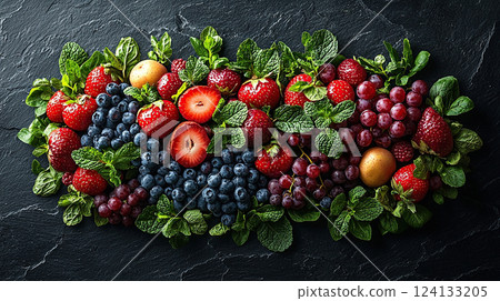 An artful arrangement of fresh strawberries, blueberries, grapes, and mint leaves on dark slate. 124133205