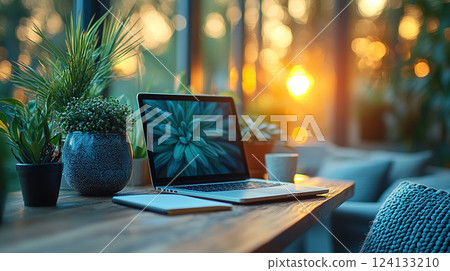 Sunlit home office featuring a laptop, houseplants, and cozy decor creates a tranquil workspace. 124133210