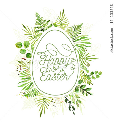 Easter card with watercolor green leaves. hand drawn. Not AI, Vector illustration Easter card with watercolor green leaves. hand drawn. Not AI, Vector illustration 124133228