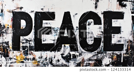 The word "PEACE" painted in bold black letters on a textured abstract background in white, black, 124133314