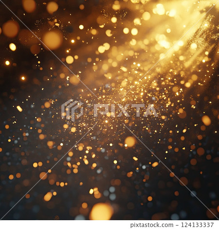 Glowing golden particles floating in the air with a warm, radiant light effect 124133337