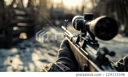 First-person perspective of a sniper aiming through a rifle scope, set an urban combat environment 124133346