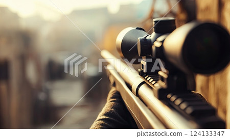 First-person perspective of a sniper aiming through a rifle scope, set an urban combat environment First-person perspective of a sniper aiming through a rifle scope, set an urban combat environment 124133347