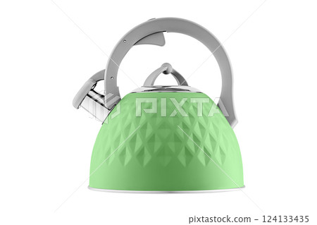 kettle with whistle, matte green color, with rhombus texture on isolated and white background kettle with whistle, matte green color, with rhombus texture on isolated and white background 124133435