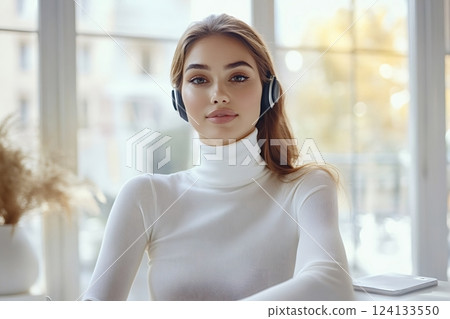 Young woman wearing headphones listening to music or podcast 124133550