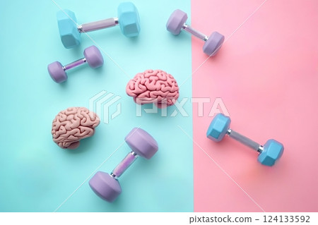 Brain training and exercise: pastel dumbbells and anatomical brains on pink 124133592