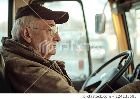 Senior bus driver concentrating on the road ahead 124133593