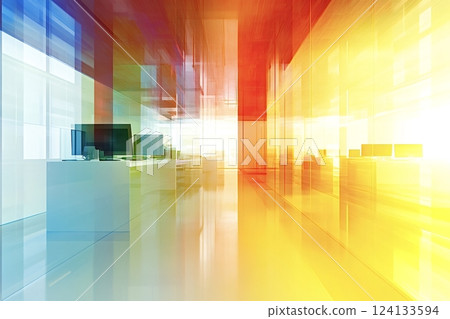 Modern office interior with colorful glass walls and computers 124133594