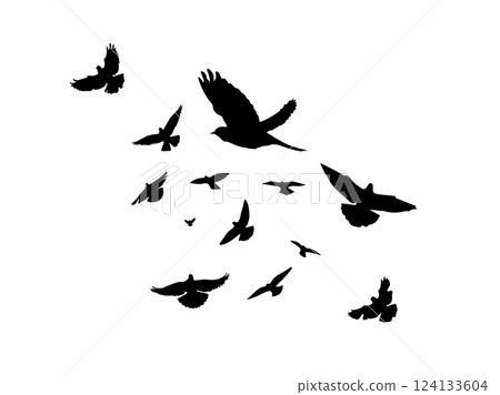 Flying birds silhouette flock. hand drawing. Not AI. Vector illustration 124133604