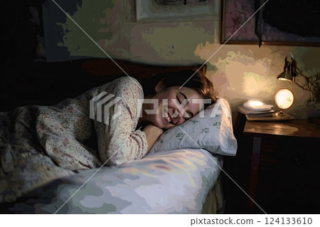 Young woman smiling while lying in bed at night 124133610