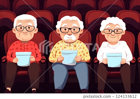 Elderly people enjoying movie at cinema with popcorn buckets 124133612