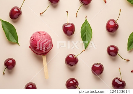 Delicious cherry ice cream on a stick surrounded by fresh cherries and leaves 124133614