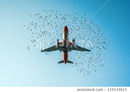 Passenger plane flying through flock of birds in blue sky 124133615