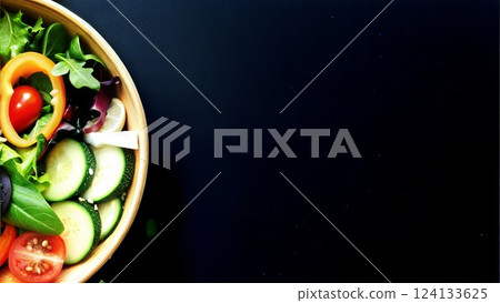 Fresh vegetable salad in a bowl with copy space on a dark background Fresh vegetable salad in a bowl with copy space on a dark background 124133625