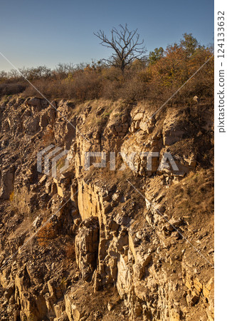 A rugged autumn landscape with dry trees and bushes atop a rocky cliff under a clear blue sky. The golden hues of the foliage contrast with the barren branches, creating a scenic and dramatic view. 124133632