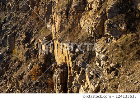 Rocky cliff with rough textures, golden sunlight, and sparse vegetation. The rugged terrain highlights natural erosion, with scattered dry plants and earthy tones dominating the landscape. 124133633