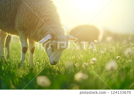 Sheep grazing in green meadow at sunset 124133670