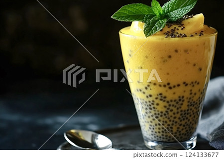 Mango chia seed pudding garnished with fresh mint 124133677