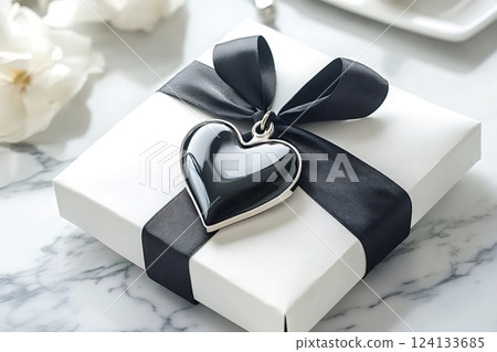 White gift box decorated with black ribbon and heart shaped pendant 124133685