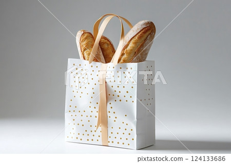 Two fresh baguettes in an elegant white paper bag 124133686