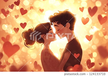 Young couple sharing a tender kiss surrounded by hearts 124133710