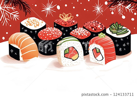 Christmas sushi selection celebrating winter holidays with festive flavors Christmas sushi selection celebrating winter holidays with festive flavors 124133711