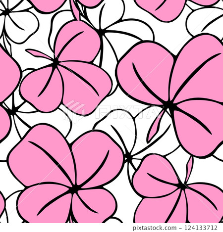 seamless asymmetric pattern of clover leaves in pink and white colors and black contouros, design, texture 124133712